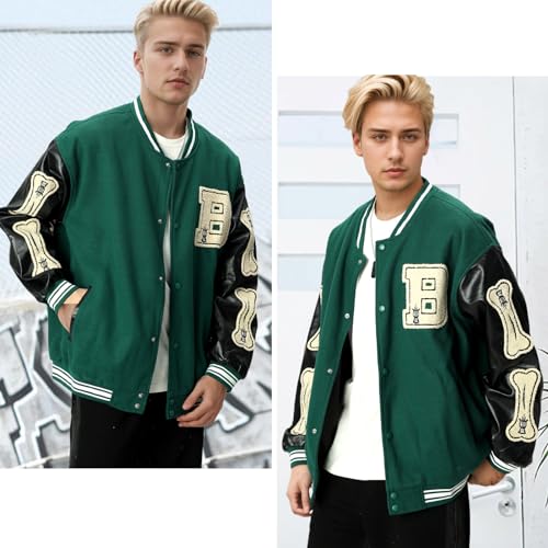 Image of Mens Varsity Jacket Baseball Bomber Jacket Vintage Unisex Streetwear Coats with Patchwork Hipster Utility Tops
