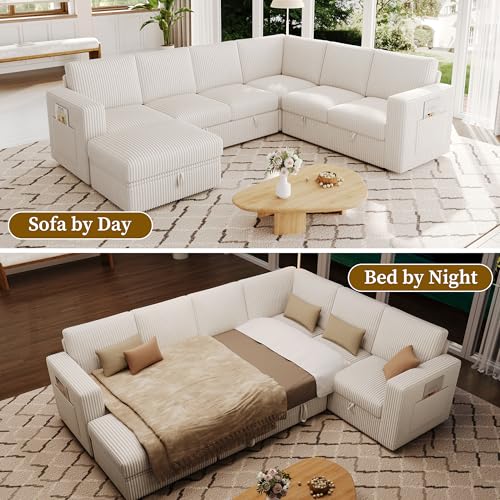 Image of Sectional Sleeper Sofa, Pull Out Couch with Storage,Lvory,7 Seat