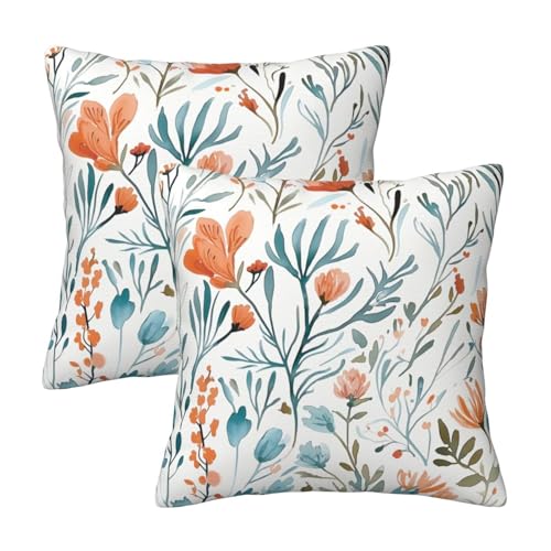 Weiscode Turquoise Orange Floral Throw Pillow Covers 18x18 in Set of 2 Decorative Teal Orange Flower Square Pillowcase Pillowcovers for Couch Living Room Sofa Bedroom