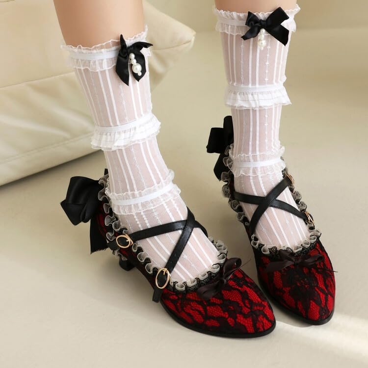 Mary Jane Pumps Shoes for Women Pointed Toe Kitten Heel Cross Strap Lace Covered Bow Gothic Lolita Vintage Cosplay Party Festival Wear2