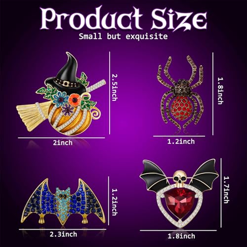 Ecally 4 Pcs Halloween Brooch Set Pumpkin Bat Pin Spider Skull Pin Crystal Brooch Gothic Accessories Halloween Jewelry Gift2