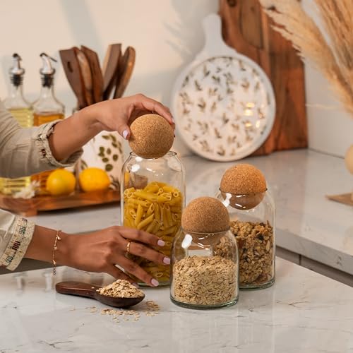 Image of Crest Glass Jar Set - Glass Storage Jars with Spherical Cork Lids - Multipurpose Storage for Kitchen & Decor (Set of 3)