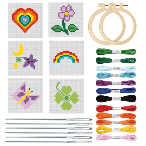 Cross Stitch Kits for Kids Beginners Includes 6 Embroidery Patterns 2 Embroidery Loops 12 Colorful Embroidery Threads 6 Embroidery Needles Suitable for cross stitch kits Children Aged 7-15