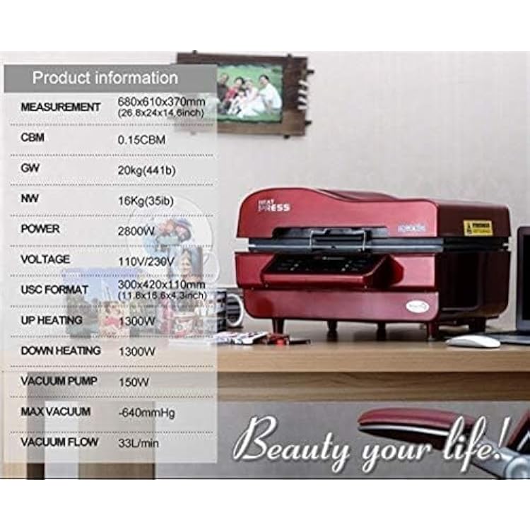 Heat Press Machine,3D Sublimation Vacuum Machine, Sublimation/Heat Press Machine,Mug/T Shirt/Cell Phone Case Printer,Cup/Digital Printing Machine (Color : Black, Size : AU)
