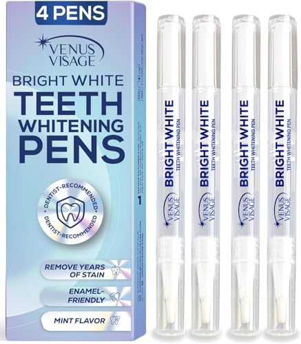 Image of Venus Visage Teeth Whitening Pen (Pack of 4) - Professional Whitening Gel, 30+ Uses, Low Sensitivity, Enamel-Safe Mint Formula - Travel Whitener for Dentures, Coffee, Wine & Tobacco Stains