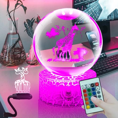 Fanrui Giraffe Gifts for Giraffe Lovers,3D Illusion Giraffe Crystal Ball Night Light,3.15 Inch Crystal Giraffe Hologram Lamp,16 Colors Remote Bedroom Decor Gifts for Fathers,Mothers,Girls,Kids,Boys