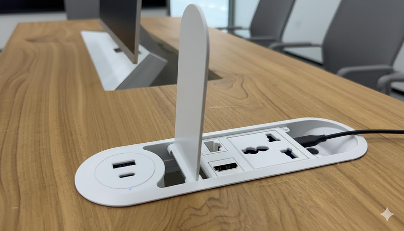 Audiovan Desktop flip lid Open Power Strip with 2USB, 1HDMI, 1LAN Ports, White Flip Cover Cable Management Solution, 20x12x6 cm, 250V Socket White