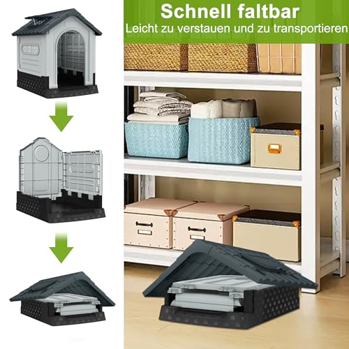 UISEBRT Hundehütte aus Kunststoff, isoliertes Hundehaus mit Schiebedach, Oberlicht und erhöhtem Boden, Hundezwinger Hundekäfig Haustierhaus für Drinnen und Draußen, 79,5 x 70,5 x 78 cm