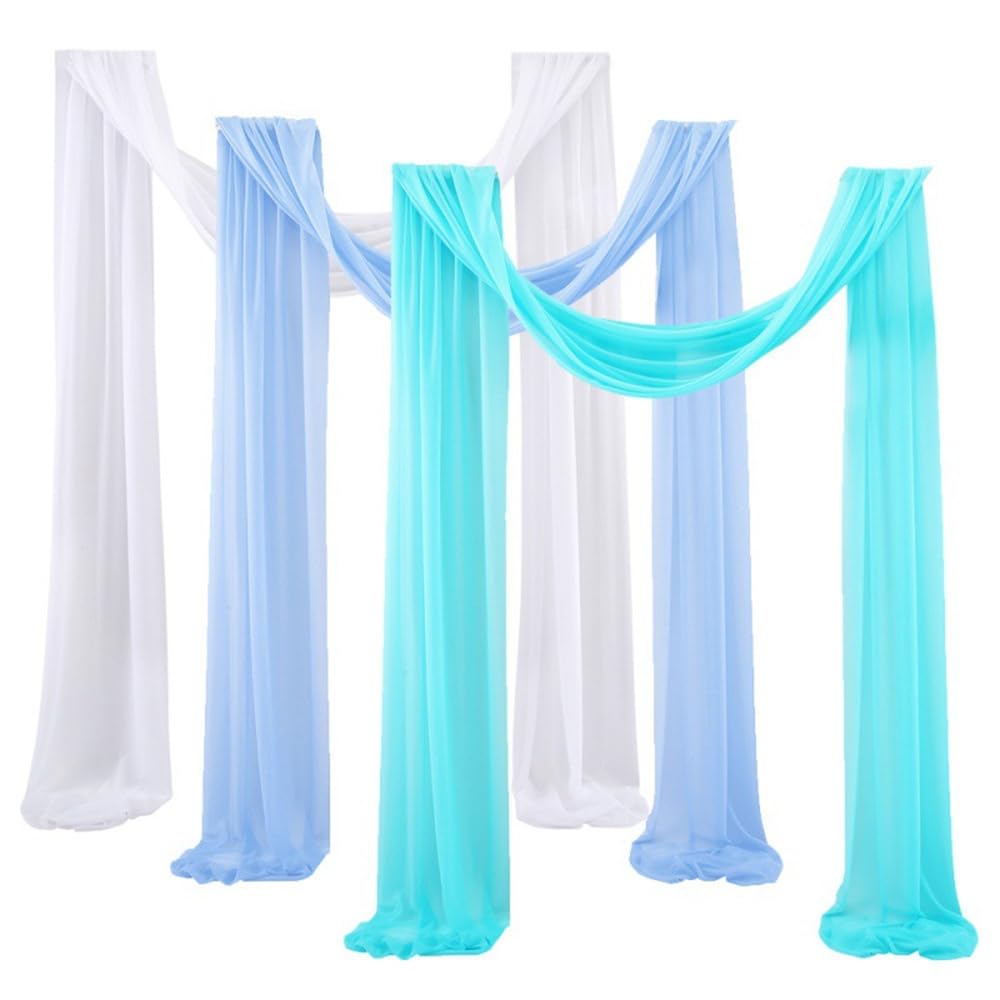 Mateju 3 Paneele Hochzeit Vorhang Hochzeitsbogen Tüll Querbehang Chiffon Stoff Freihanddekofür Himmelbett Gardinen Torbogen Zeremonie Fotografie Party Deko (Blau Und Weiß,75x1000cm)