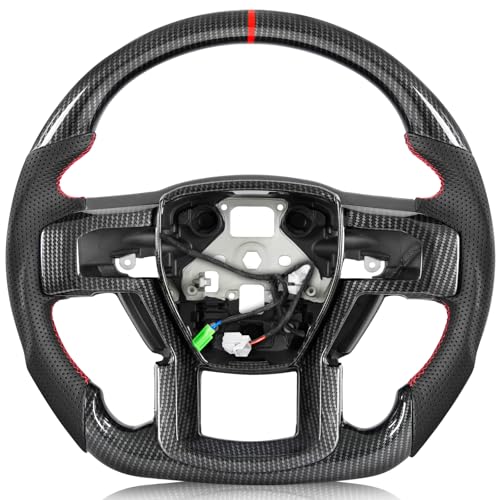 TESFEEL Hydro-Dip Carbon Fiber Heated Steering Wheel for F150 Raptor 2017–2020, D-Shaped Flat-Bottom with Matching Decorative Trim Piece, for Raptor with Paddle Shifters Models