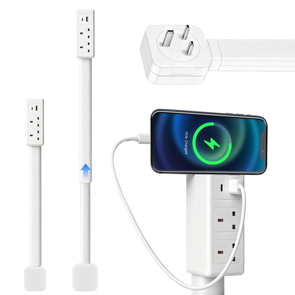 Wxeadu Extendable Rotating Outlet Power Outlet Extender with USB-A USB-C and 2 AC Outlets, 180°Rotatable Outlet Extender UK Extends 19.49-28.15in, Power Outlet Extender Accesses Hard-To-Reach Outlets