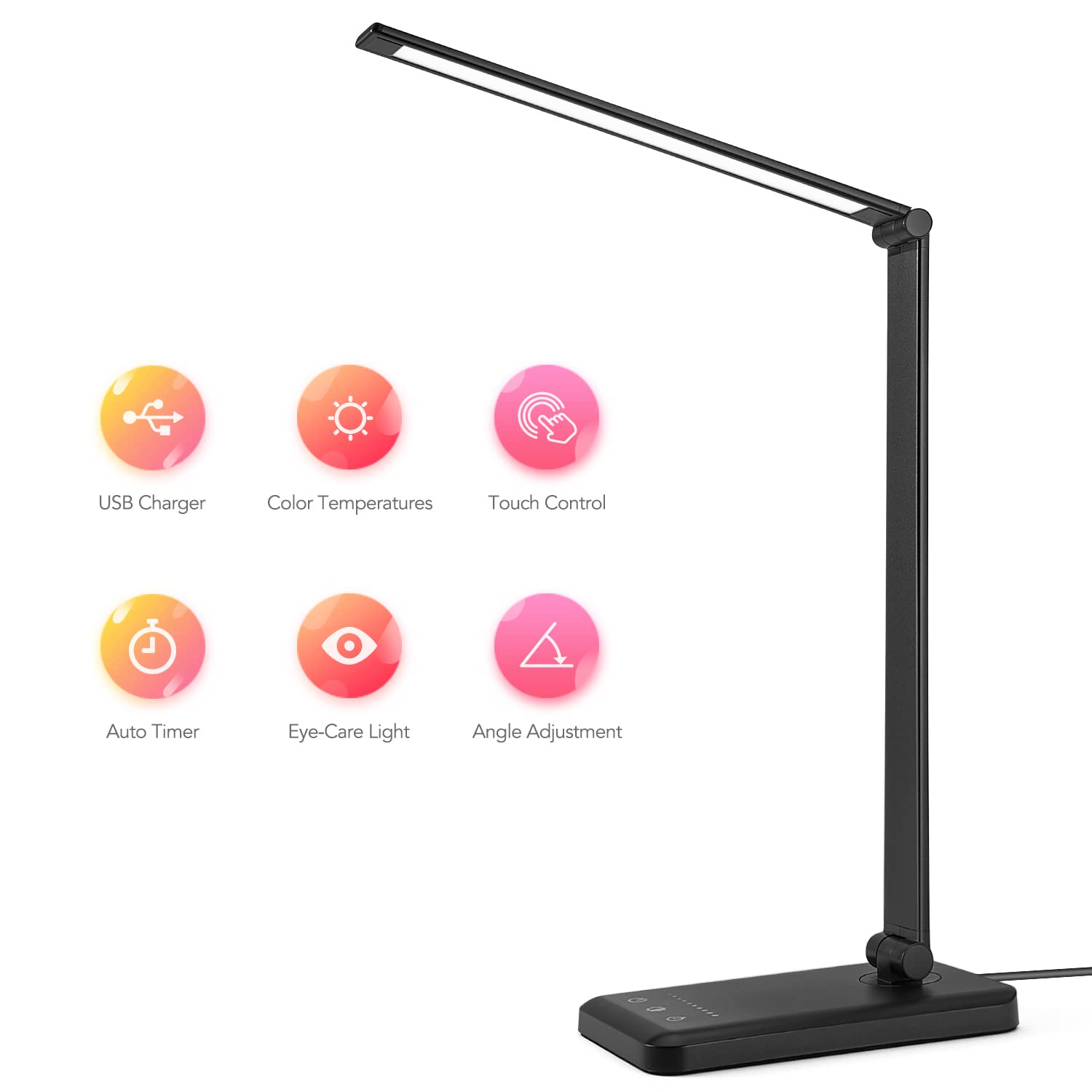 Schreibtischlampe mit USB-Ladeanschluss, 5 Farbmodi, 10 Helligkeiten, Schwarz