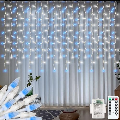 CORST 3M X 1M Christmas Icicle Lights Outdoor Curtain Lights Battery Powered,Diamond Shape LED Hanging Backdrop Curtain Fairy Lights for Room,Waterfall Wall Lights 8Mode,Waterproof(Blue+White)