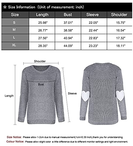 shermie Women's Cute Heart Pattern Elbow Patchwork Casual Long Sleeve Round Neck Knits Sweater Pullover (Large, A-Thin Gray)