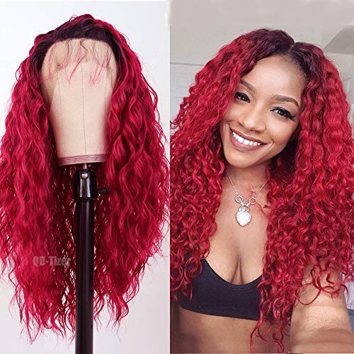 QD-Tizer Ombre Red Lace Front Wigs for Women Long Loose Curly Hair Heat