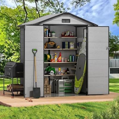 5.5x4 FT Resin Storage Shed with Floor, Easy Assemly Outdoor Small Plastic Shed with 2 Doors & 2 Windows, Locable Storage Garden Shed for Bike Lawn Mower Garbage Can