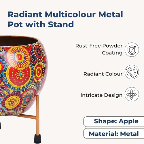 Image of Natural Earth Metal Flower Vase Planter Pot with Iron Stand | Decorative Plant Cachepot for Indoor & Outdoor Use | Succulent Pot for Home & Garden Decor (Mandala)