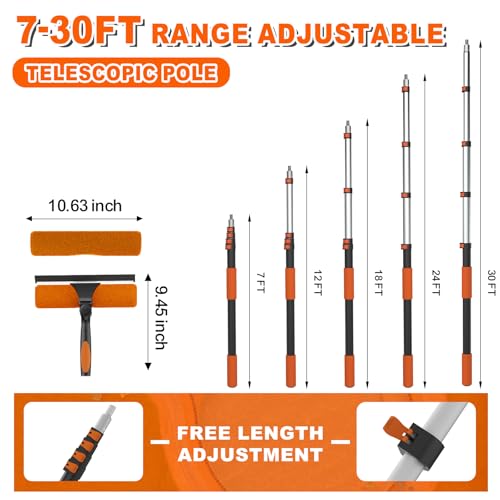 Image of SISUPASSIE 36FT Reach 2-in-1 Window Squeegee, Professional Window Washing Kit with 7-30FT Extension Pole for Home, Indoor Outdoor Squeegee with Rotatable Head for High Windows