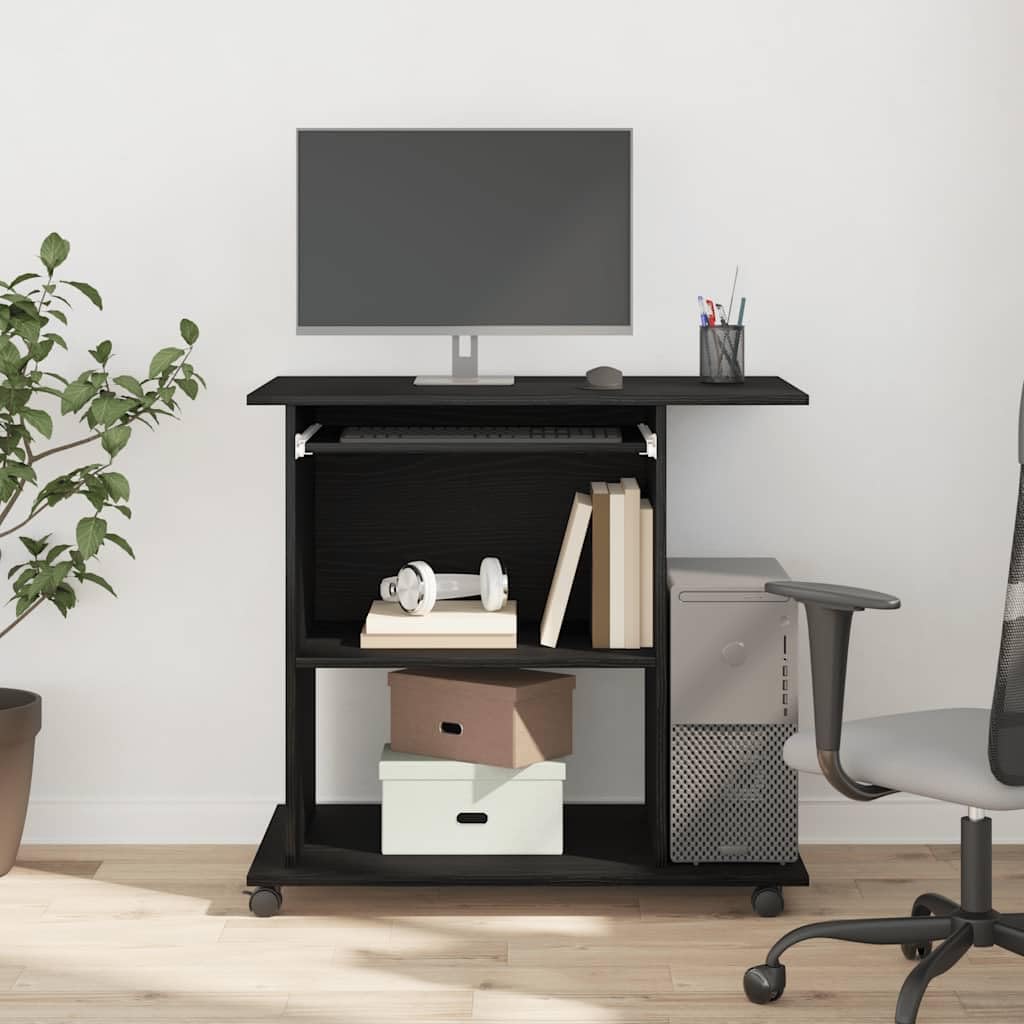 Scrivania Porta PC con Ruote Rovere Nero 80x50x75 cm | Tavolo porta computer compatto con vassoio tastiera estraibile e rotelle, ideale per ufficio e camera da letto.