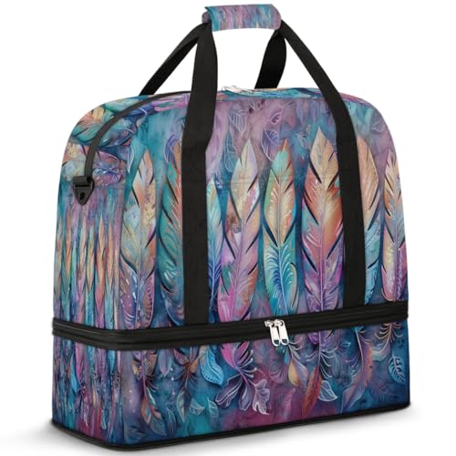 Travel Duffel Bag with Shoe Compartment, Colorful Feathers Shoulder Weekender Bags for Women, Foldable Waterproof Travel Bag Carry on Bag