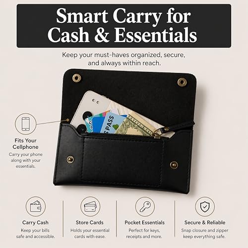 Image of Leather Currency Pouch - Handmade Cash Organizer with Double Button Closure & Zipper Pocket, Compact Money Holder for Travel & Everyday Use, 4 x 8 Inch (Black)