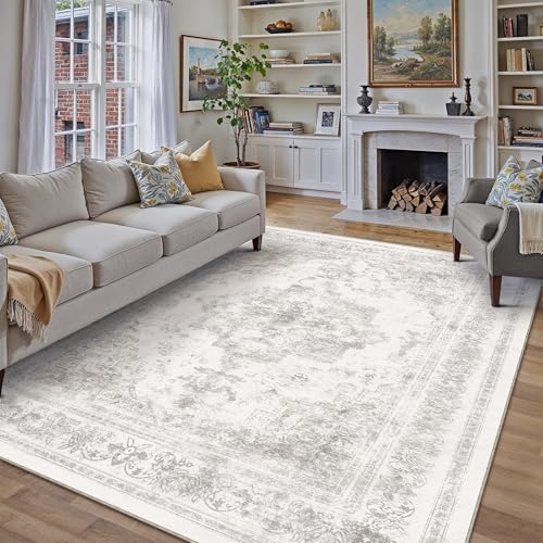 Washable Rug 8x10 Area Rug for Living Room Light Gray Vintage Boho Medallion Large Grey Distressed Retro Carpet Non Slip Indoor Low Pile Small Soft Bedroom Dining Room Home Office