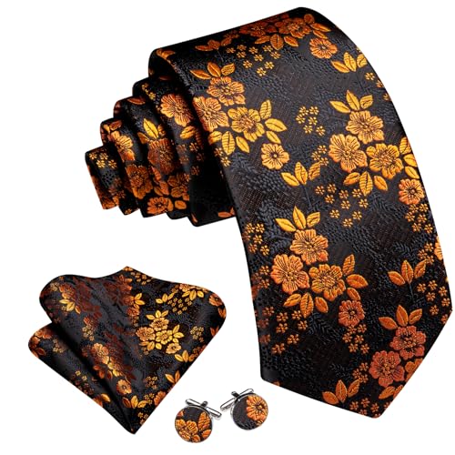 Image of Barry.Wang Flower Ties for Men Handkerchief Cufflinks Set Wedding Necktie Set Party