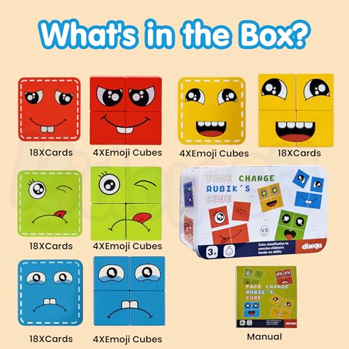 Image of Kidology Emoji Cube Face Change Game for Kids Age 3+ Years, Learning Educational Emotion Change Blocks, Cute Expression Puzzles and Interesting Gift for Boys & Girls | 16 Cubes and 72 Design Cards