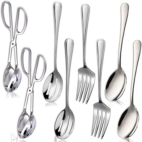 Serving Utensil Set of 8 - Includes Salad Kitchen Tongs x 2 Serving Spoons x 2 Slotted Spoons x 2 and Serving Fork x 2Stainless-Steel Utensils for Party Buffet Catering Dinner and Banquet