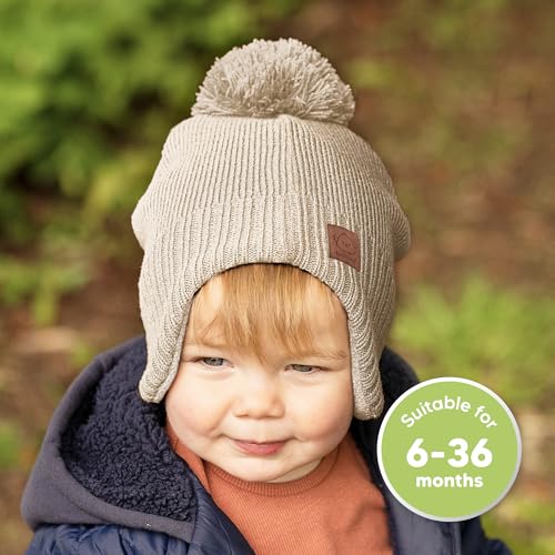 Image of Baby Beanie Winter Hat 6-36 Months - Cute Pom Winter Baby Hats with Earflaps, Soft & Stretchy Knit Toddler Beanies for Infant, Newborn 6-36 Months Boys, Girls, Cozy, Warm Fall Essentials (Cream, M)