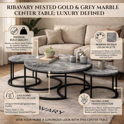 Image of Round Coffee Table Set of 3, Marble Laminated Accent Center Table with Sturdy Metal Base | Modern Foldable Nesting Stacking Tables for Living Room, Bedroom, or Apartments (Black - Grey)