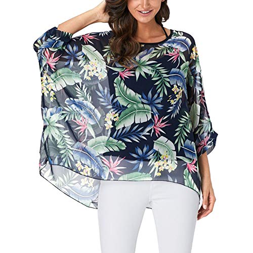 Image of Ckikiou Plus Size Batwing Flowy Semi Sheer Chiffon Blouse Tunic for Women Summer Floral Print Boho Beach Cover ups