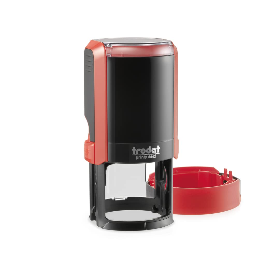Trodat Printy 4642 Timbro Personalizzato Autoinchiostrante, Max 8 righe, Impronta ROTONDA Ø 42 mm, Rosso, Cartuccia Inchiostro Rosso, per Loghi, Associazioni, Albi, Biblioteche, Shopper, Etichette