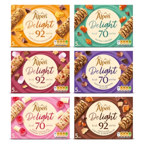 Alpen DeLight Cereal Bars Complete Set of 6 Flavours - 5 Alpen Bars each, 30 Total Alpen Light Bar - Low Calorie Snacks Bars Bulk Buy Bundle by TGBK