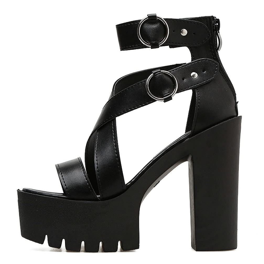 KOKOMOMO Womens High Chunky Heel Platform Ankle Strap Goth Sandals