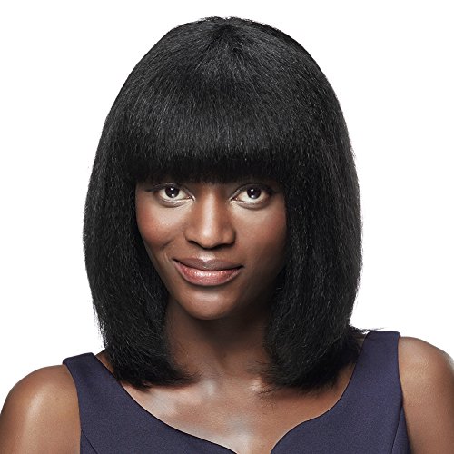 SLEEK Yaki 14" Shoulder Length Bob Wigs with Flat Bangs (NATURAL BLACK, 100% Brazilian Hair) - Yaki Bob Wigs for Black Women - Shoulder Length Wig Human Hair Wigs - Flat Bangs Wig Beauty Personal Care