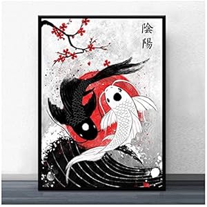 Abstract schilderij Art Print Zwart-wit Koi Fish Wall Art Poster Canvas schilderij Modern Home Decor (60 × 80 CM/23.6 × 31.4 inch) Frameloze