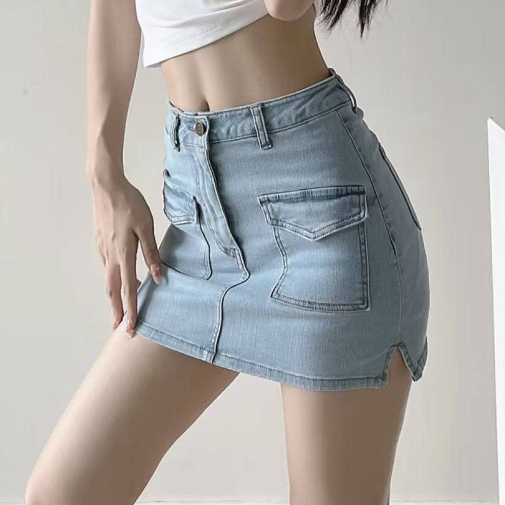 Röcke,Minirock Für Damen, Blau, Hohe Taille, Cargo-Rock Mit Schlitz Und Taschen, Reißverschluss, Schmaler A-Linien-Rock Mit Hose, Um Die Hüften Gewickelter, Kurzer Rock Für Mädchen, Damen, M