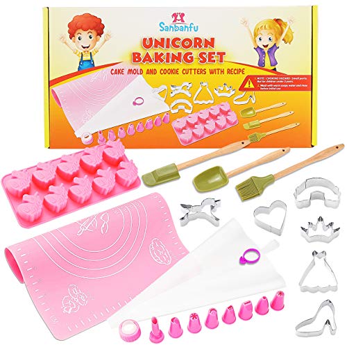 Sanbanfu Fun Real Baking Set with Kids Unicorn Cookie Cutters Unicorn Mold, Kid Size Kitchen Baking Tools,Baking Toys for Todders Girls Boys,Silicone Mat with Measurements, Recipes