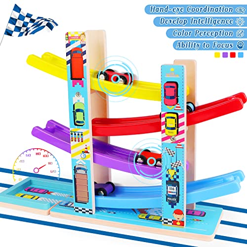 Heirio A42RR Montessori Toys For Toddlers, Children Race Track Toy With 4 Cars And 1 Wooden Parking Lot, Stable Base, Car Ramp Toy For 2 3 Year Old Boy Girl Gifts, 18 Month Old Toys thumb #1