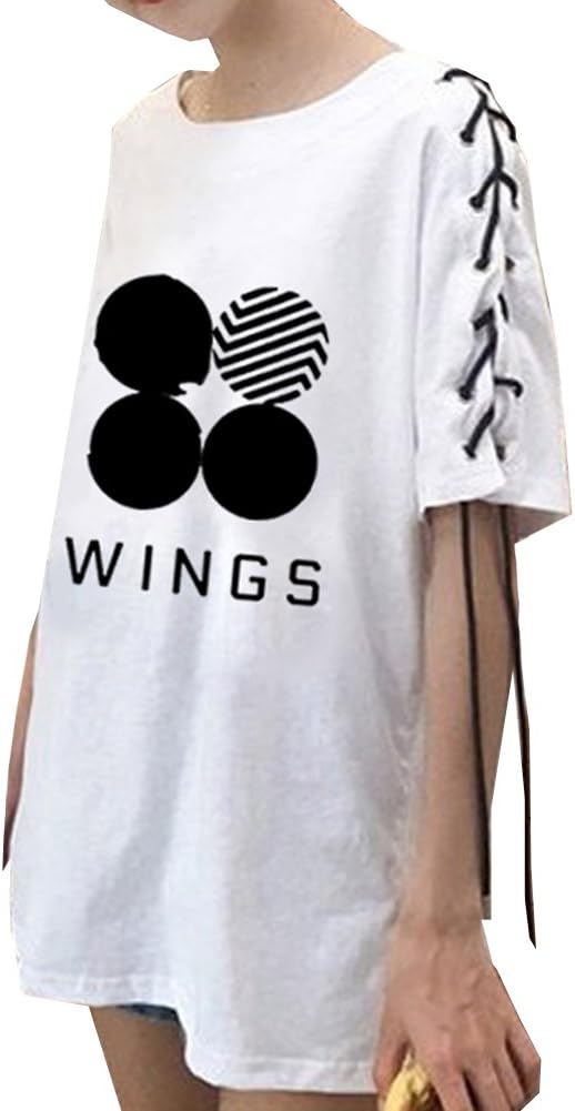 Yovvin BTS T-Shirt, K-Pop Bangtan Boys Wings, Solid Colour, Floral Print Short Shirt, Hip Pop Pullover, Crew Neck, Short Sleeve Tops for Couples, Men, Women, Teenagers, Size S/M