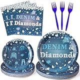 K1tpde Denim and Diamonds Party Tableware - 96PCS Denim Theme Jacket Jeans Tableware Set Included Paper Plates Napkins and Forks, Crystal Birthday Party Supplies for Bachelorette Wedding Decor,24guest