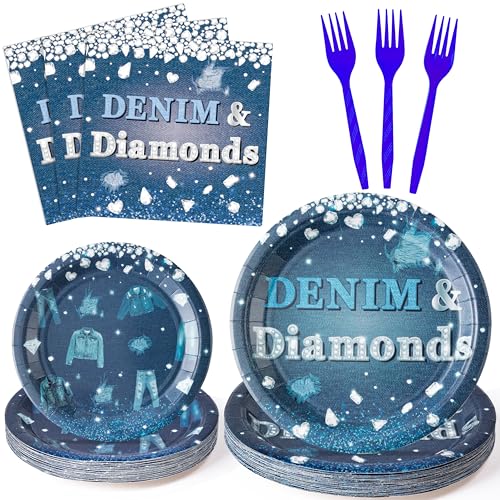 K1tpde Denim and Diamonds Party Tableware - 96PCS Denim Theme Jacket Jeans Tableware Set Included Paper Plates Napkins and Forks, Crystal Birthday Party Supplies for Bachelorette Wedding Decor,24guest