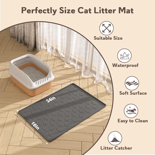 Image of Garoopion Silicone Cat Litter Mat 24x16 inch, Easy to Clean, Dark Gray