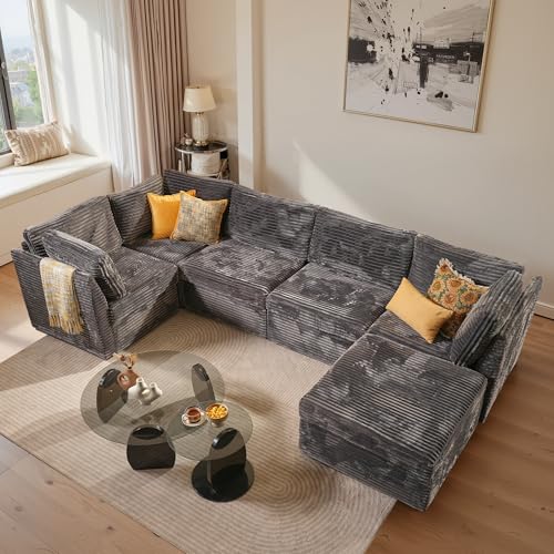 Image of ovios Modular Sectional Sofa Couch with L-Shape Chaise Ottoman, Comfy Plush Corduroy Cloud Couches, Modern Luxury Deep Seat Sofas Set for Living Room, 6-Seater, Grey