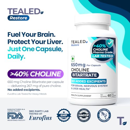Image of Choline Bitartrate 650mg | Eurofins Lab-Tested | No Added Excipients | For Cognitive Support, Brain, Nervous System & Liver Health | 60 Veg Capsules