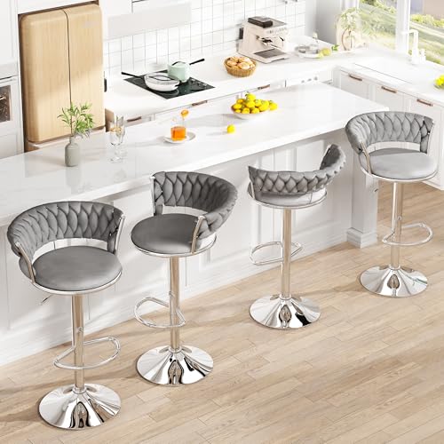 Image of Lamerge Velvet Bar Stools Set of 2,Swivel Bar Chairs Counter Adjustable Height Barstools with Back & Footrest,Upholstered Kitchen Island Chairs for Pub(2PCS Grey)