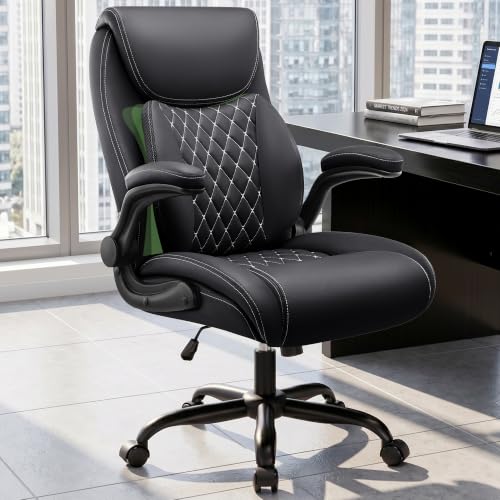 Image of Office Chair, Ergonomic Executive Desk Chair with Lumbar Support for Lower Back Pain Relief, Padded Flip-Up Armrests, Leather Home Office Chair, Black