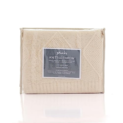 Image of Pluchi Cable Moss Cotton Knitted All Season AC Throw Blanket (125cm X 150cm) (Natural)