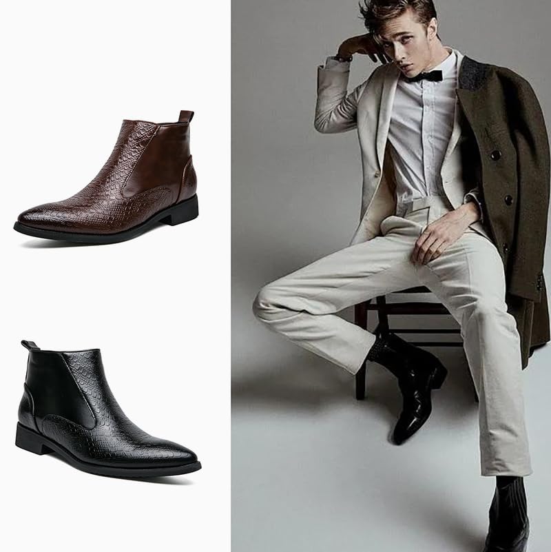 SYNTHESIS Men's Leather Chelsea Dress Boots,Fashion Low Heel Side Zipper Mid Top Boot for Men,Business Pointed Toe Slip-On Chelsea Boots2